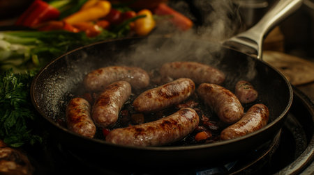 Juicy sausages sizzle in a pan, surrounded by vibrant vegetables. The colorful medley of peppers and herbs adds aroma, making this a perfect dish for any meal.の素材