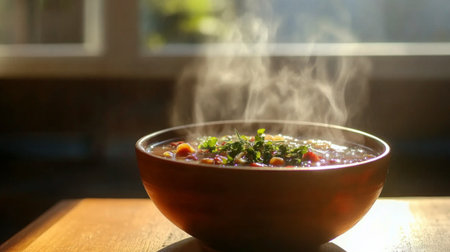 A steaming bowl of aromatic hot soup sits on a rustic wooden table, garnished with fresh herbs. It embodies warmth and comfort, perfect for cozy dining.の素材