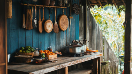 A cozy rustic kitchen scene featuring a wooden table adorned with fresh produce and cooking utensils, surrounded by natural light and greenery. Perfect for culinary inspiration.の素材