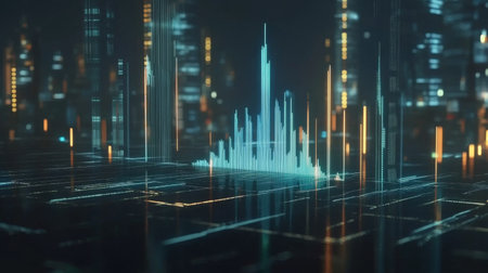 An immersive futuristic cityscape featuring advanced data visualization elements. The image blends technology and urban architecture, creating a mesmerizing digital environment.の素材