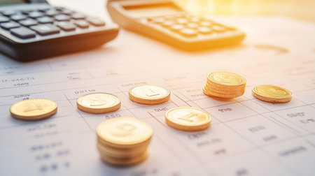A focused view of a financial setup featuring calculators and stacks of coins on a document. This image depicts essential tools for budgeting and financial planning.の素材
