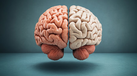 This creative illustration depicts a split brain, symbolizing the contrast between knowledge and emotion, portraying the complexity of human cognition and psychology.の素材