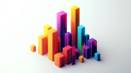 This vibrant 3D bar graph showcases colorful geometric shapes, representing data analysis and visualization in a modern and creative way. Ideal for business and technology themes.の素材