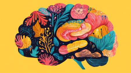 This vibrant illustration features a brain intertwined with colorful floral elements, symbolizing creativity and the connection between nature and mind.の素材
