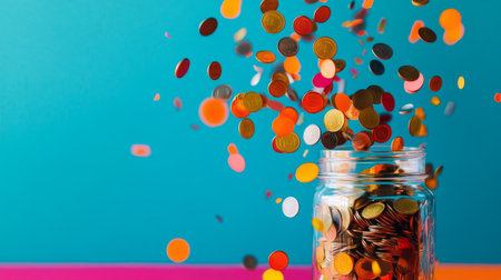 A glass jar filled with shiny coins sits against a bright blue backdrop, as colorful coins cascade down, creating a sense of abundance and savings.の素材