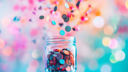 A vibrant scene of coins falling into a glass jar against a blurred, colorful background. Perfect for illustrating themes of savings, investment, and prosperity.の素材