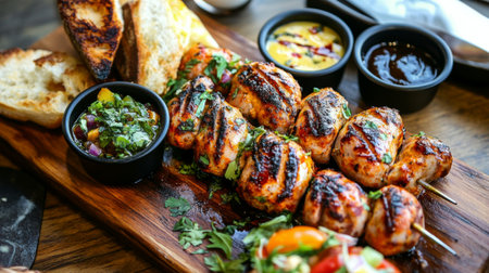 A vibrant arrangement of grilled chicken skewers served on a wooden platter, accompanied by fresh sides and dipping sauces, perfect for any meal.の素材