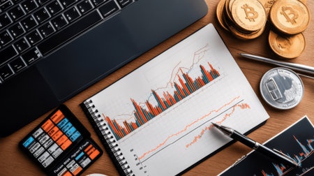 A workspace featuring a laptop, cryptocurrency coins, a notebook filled with market graphs, and a pen, illustrating financial data analysis and investment trends.の素材