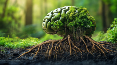 An imaginative fusion of a brain and nature, showcasing vibrant green moss and roots nestled in a forest setting, symbolizing growth and connection to nature.の素材