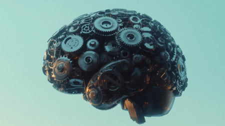 This image showcases a striking mechanical brain composed of intricate gears and cogs, symbolizing the fusion of technology and creativity in a futuristic setting.の素材