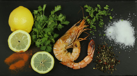 This image showcases fresh shrimp paired with lemon, herbs, and various spices on a dark slate background, ideal for culinary inspiration or food presentations.の素材