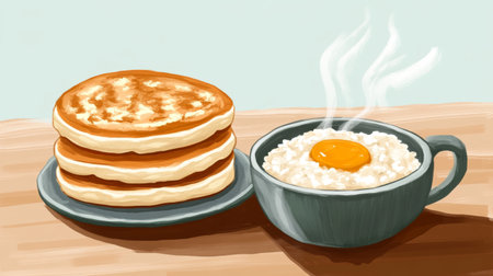 A delightful breakfast scene featuring fluffy pancakes stacked on a plate alongside a warm bowl of porridge topped with a fresh egg. Perfect for a nutritious start to the day!の素材