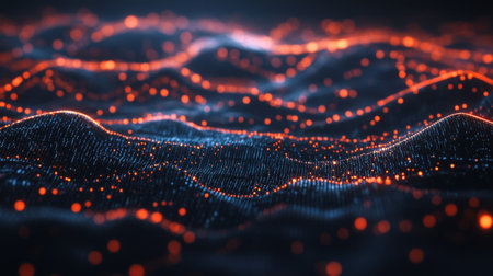 A captivating abstract digital wave form featuring glowing red and blue particles. This design represents energy flow and modern technology concepts, perfect for visual media and graphics needs.の素材