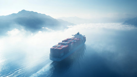 Aerial view of a container ship moving through foggy waters, surrounded by majestic mountains. The scene captures the essence of maritime transport and trade.の素材