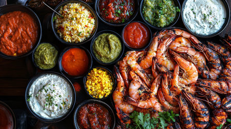 An enticing arrangement of grilled shrimp surrounded by a variety of dips and sides, perfect for gatherings, celebrations, and culinary experiences.の素材