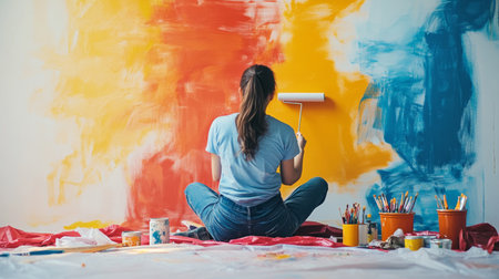 A woman creatively paints a vibrant abstract mural on a wall using a roller brush. The scene captures the essence of artistic expression and home decoration.の素材