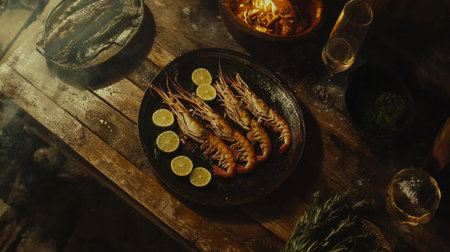 A beautifully arranged grilled seafood platter featuring succulent shrimp and fresh lemon slices, perfect for a rustic dining experience.の素材