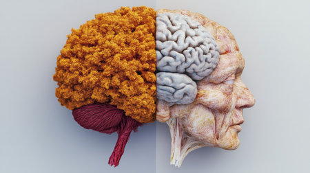 This abstract image showcases a unique depiction of human brain alongside a face, highlighting anatomy and cognitive connections through creative design.の素材