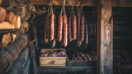 Experience the essence of traditional culinary practices with hanging sausages in a rustic wooden cabin. This warm and inviting setting showcases artisanal food craftsmanship and heritage cuisine, making it ideal for food enthusiasts and photographers.の素材