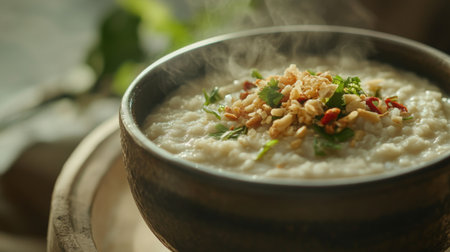 A steaming bowl of creamy rice porridge garnished with fresh herbs and spices. This comforting dish is perfect for breakfast or as a nourishing meal option.の素材