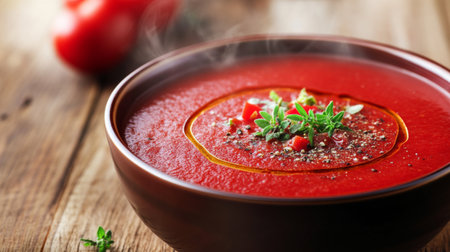 A steaming bowl of fresh tomato soup garnished with herbs and spices. Perfect for a cozy meal, this vibrant dish highlights the natural flavors of summer tomatoes.の素材
