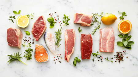 Beautifully arranged selection of fresh meats and seafood accompanied by herbs and citrus on marble, perfect for culinary inspiration and healthy meals.の素材