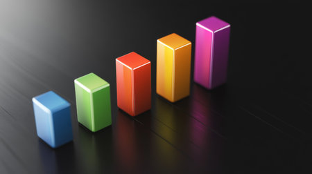 This image showcases a vibrant bar graph made of colorful blocks on a dark surface, ideal for representing growth and analysis in business or data visualization contexts.の素材