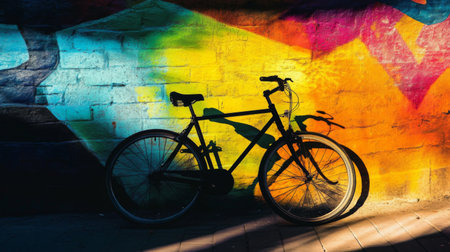 A black bicycle casts a striking shadow on a vibrant urban mural, showcasing a beautiful interplay of light and color, perfect for conveying creativity and adventure.の素材