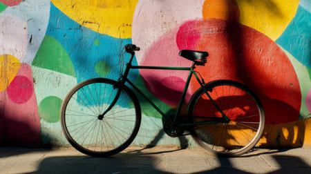 An artistic representation of a bicycle leaning against a colorful wall. The vibrant background showcases abstract art, illuminating the joyful essence of urban life.の素材