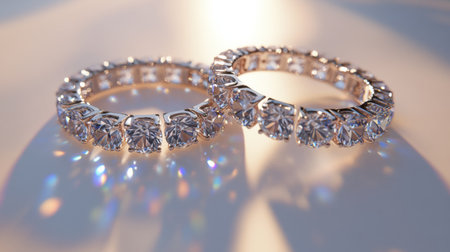 Two elegant diamond rings showcase their dazzling features on a soft background, reflecting light and shimmering with exquisite beauty and luxury.の素材