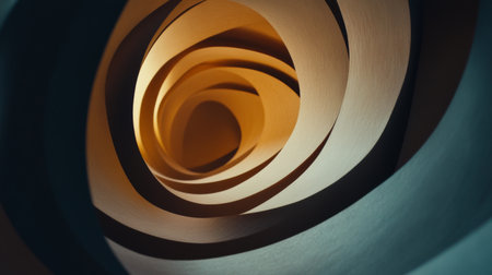 An intriguing abstract image featuring a spiral of curved paper layers. The warm tones create depth and contrast, highlighting texture and artistic design.の素材