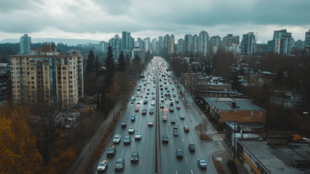 A captivating aerial view showcasing a busy city highway filled with vehicles, surrounded by a vibrant urban landscape and modern skyline under a cloudy sky.の素材