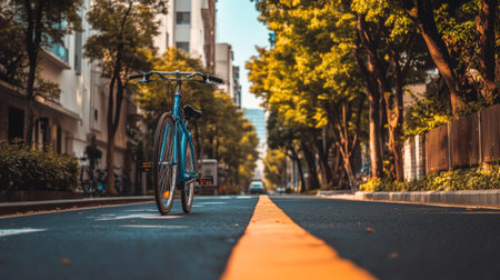 A tranquil urban scene highlighting a blue bicycle on a quiet street lined with vibrant trees, capturing the essence of leisurely travel and nature in the city.の素材