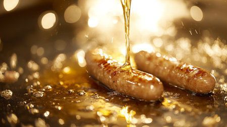 Juicy sausages sizzle as warm oil drizzles over them in a vibrant kitchen. The perfect scene for a delicious culinary experience, showcasing mouthwatering appeal.の素材