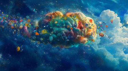 A vibrant and colorful cloud filled with various icons representing ideas and creativity floats in a cosmic space, symbolizing imagination and innovation.の素材