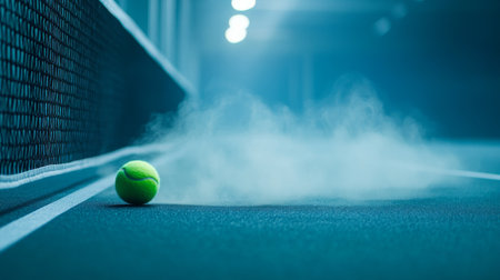 A tennis ball rests on the court surface, surrounded by dust and fog, capturing the intensity and energy of indoor sports and practice sessions.の素材