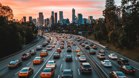 A bustling highway filled with cars during rush hour, showcasing a vibrant city skyline against a stunning sunset. Perfect for urban transportation themes.の素材