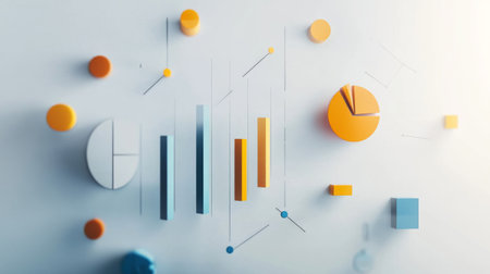An abstract composition showcasing colorful data visualization elements including graphs, circles, and bars, representing modern analytical concepts and creativity.の素材