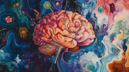 This striking illustration showcases a colorful brain set against a cosmic background, blending elements of surrealism and abstract art to evoke imagination and inspiration.の素材