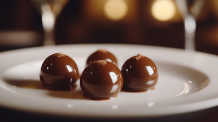 Indulge in these stunning chocolate truffles presented elegantly on a white plate, showcasing their rich, shiny coating that tempts the senses.の素材