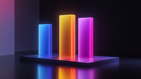Bright neon bar graph display featuring three glowing bars in blue, yellow, and purple. Ideal for modern data visualization, technology themes, and artistic projects.の素材