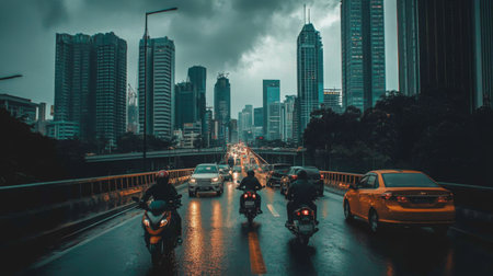 A vibrant urban cityscape featuring cars and motorcycles amidst skyscrapers on a rainy day. The moody atmosphere enhances the dynamic traffic scene.の素材