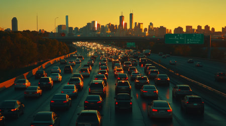 A captivating sunset view of a busy highway filled with cars, showcasing the city skyline in the background. The scene captures urban life during rush hour.の素材