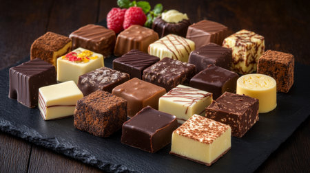 A visually stunning assortment of gourmet chocolate treats displayed on a dark slate surface. This enticing arrangement includes various textures and flavors, perfect for any dessert lover.の素材