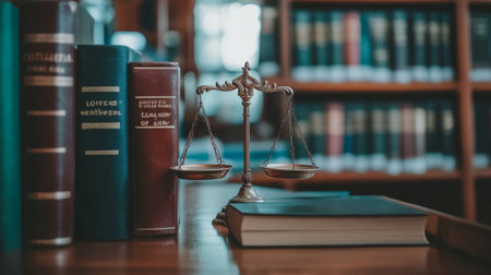 A close-up view of legal scales placed on a wooden table in a library, surrounded by law books. This image symbolizes justice, balance, and the essence of legal study.の素材