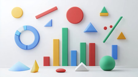 A vibrant arrangement of colorful geometric shapes creates a playful and modern aesthetic. This three-dimensional design showcases circles, triangles, bars, and more against a bright backdrop, perfect for creative projects.の素材