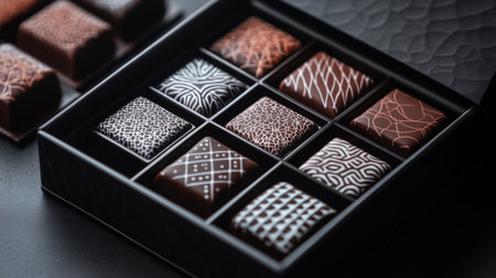 A stunning chocolate box showcases unique patterns and artistic designs, perfect for gifting or enjoying a luxurious treat. Each piece offers a delightful visual experience.の素材