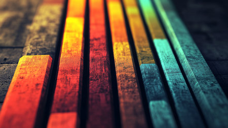 Close-up view of colorful wooden stripes showcasing a textured surface. The warm tones and unique patterns create an artistic and inviting atmosphere.の素材