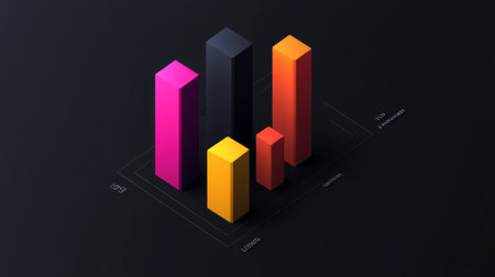 Dynamic 3D bar graph featuring vibrant colors against a dark background, illustrating data analysis and business growth trends for presentations and reports.の素材