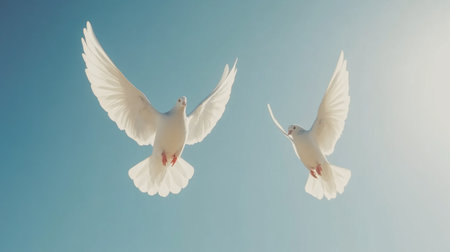 Two elegant white doves soar gracefully against a bright blue sky, symbolizing peace and freedom, capturing the beauty of nature in motion.の素材